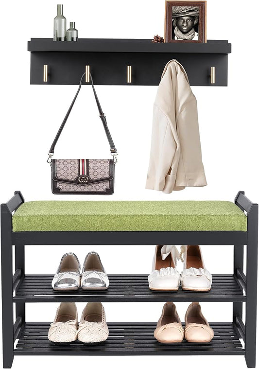 Shoe Rack for Front Door Entrance, 28” Entryway Bench with Coat Rack, Hall Tree Shoe Bench with Storage for Entry, Hallway, Bedroom, Living Room