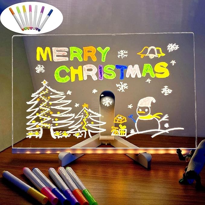 LED Note Board with 7 Colors Pen, Lighted Acrylic Dry Erase Board, 11.8 X 7.9” Glowing Acrylic Message Marker Board, LED Illuminated Drawing Board Light Up Dry Erase Board for Office School Home