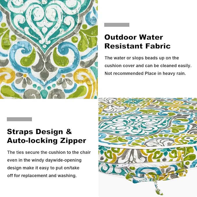 Set of 4 Outdoor Chair Cushions 19"x19"x2",Water Repellent Dining Seat Cushion with Ties and Removable Covers, Chair Cushions for Indoor and Patio Furniture, Damask Green