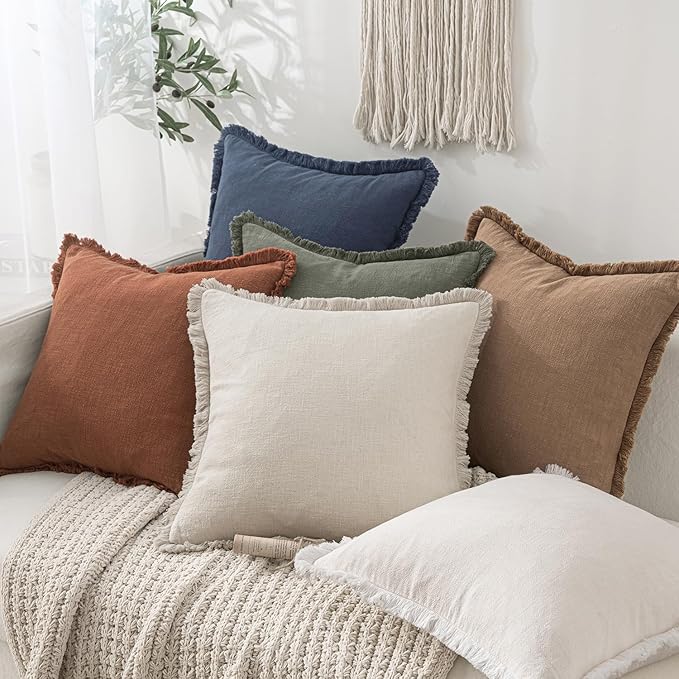 MIULEE Decorative Throw Pillow Covers Neutral Linen Fringe Throw Pillows Set of 2 Indigo Blue Boho Farmhouse Cushion Covers Coastal Decor for Couch Sofa Bed Living Room Spring Home Decor 20x20 Inch