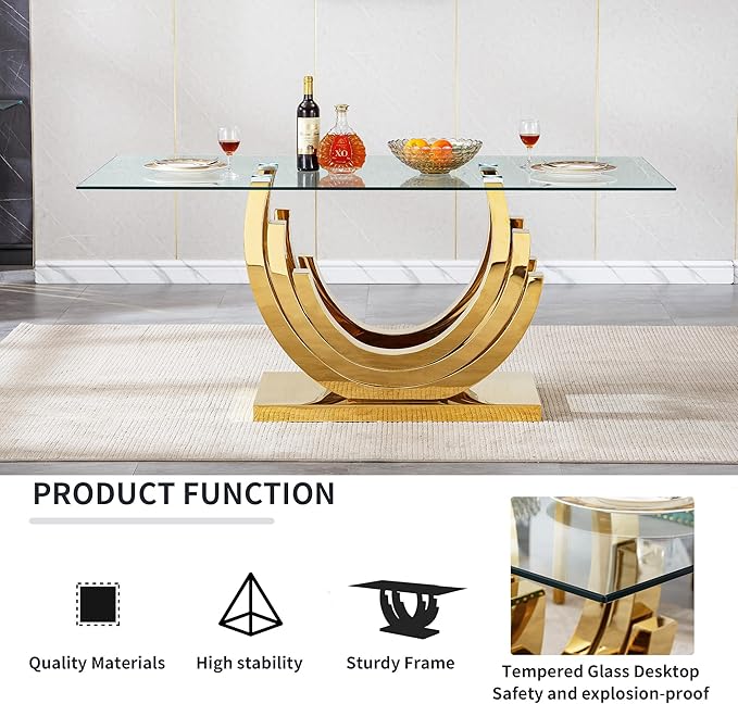 7 Piece Dining Table Set with 6 Blue Dining Chairs, Modern Glass Kitchen Table and Chairs Set for 6, 70" Rectangle Gold Glass Pedestal Dining Room Tables with Ring-Shape Stainless Steel Base