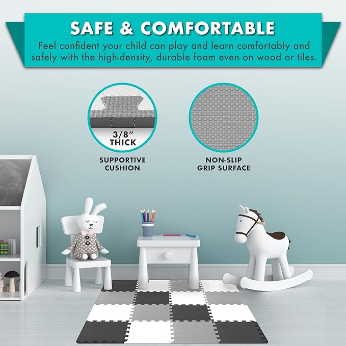 ProSource Foam Puzzle Floor Play Mat for Kids and Babies with Solid Colors, 36 or 16 Interlocking Tiles with Borders, Black/Grey/White