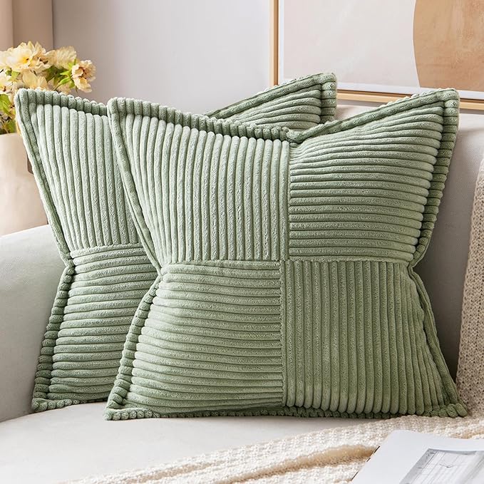 MIULEE Decorative Throw Pillow Covers for Couch Bed Livingroom 20x20 Inch Set of 2 Sage Green Boho Accent Throw Pllows Broadside Striped Patchwork Soft Corduroy Pillowcases