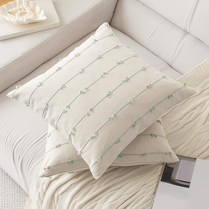 Boho Throw Pillow Covers 22x22 Set of 2 Modern Farmhouse Decorative Cushion Case Tufted Square Pillows Cover Neutral Pillow Cases Accent Pillowcase for Sofa,Couch,Bed,Beige and Green