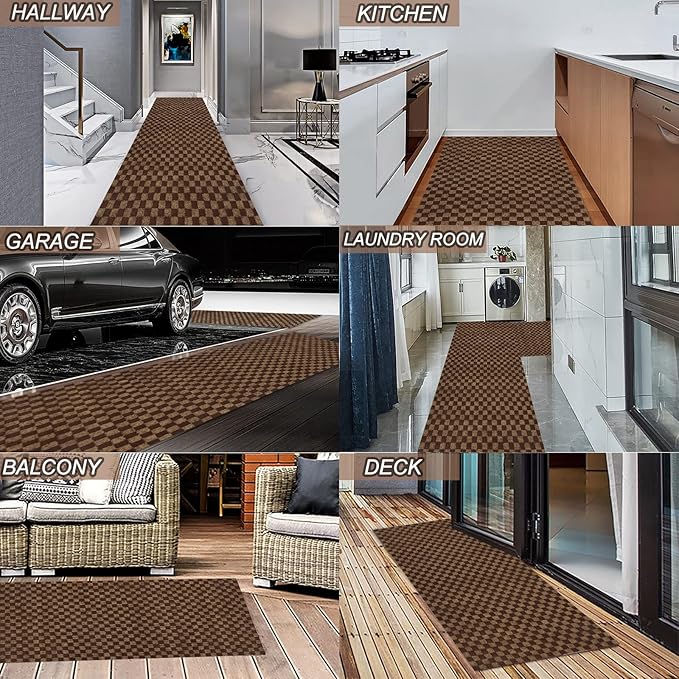 4' x 17' Runner Rugs with Rubber Backing, Indoor Outdoor Utility Carpet Runner Rugs, Checkered Brown, Can Be Used as Aisle for The RV and Boat, Laundry Room and Balcony