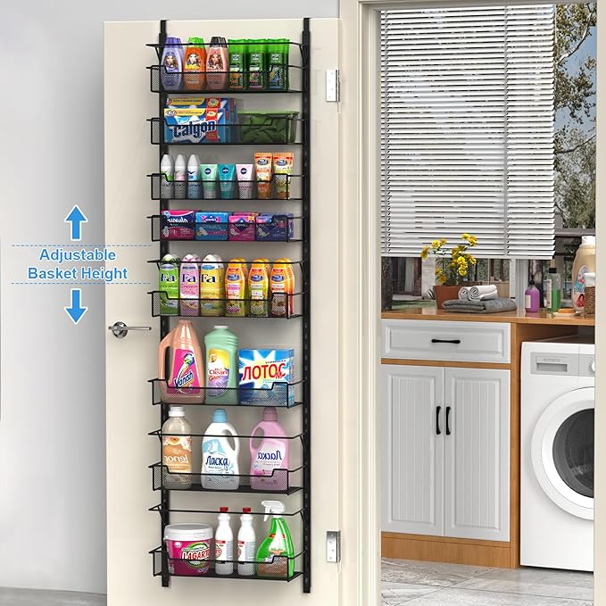 Over the Door Pantry Organizer, 8-Tier Over the Door Organizer with Adjustable Basket, Pantry Door Organization for Pantry Kitchen Storage Room Spice Rack, Black