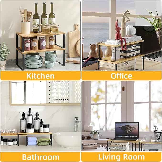 2 Pack Cabinet Organizer Shelves, Stackable and Expandable Kitchen Counter Shelf, for Kitchen Cabinet Countertop Storage, Spice Rack, Metal and Premium Bamboo (White, 15.6" W)