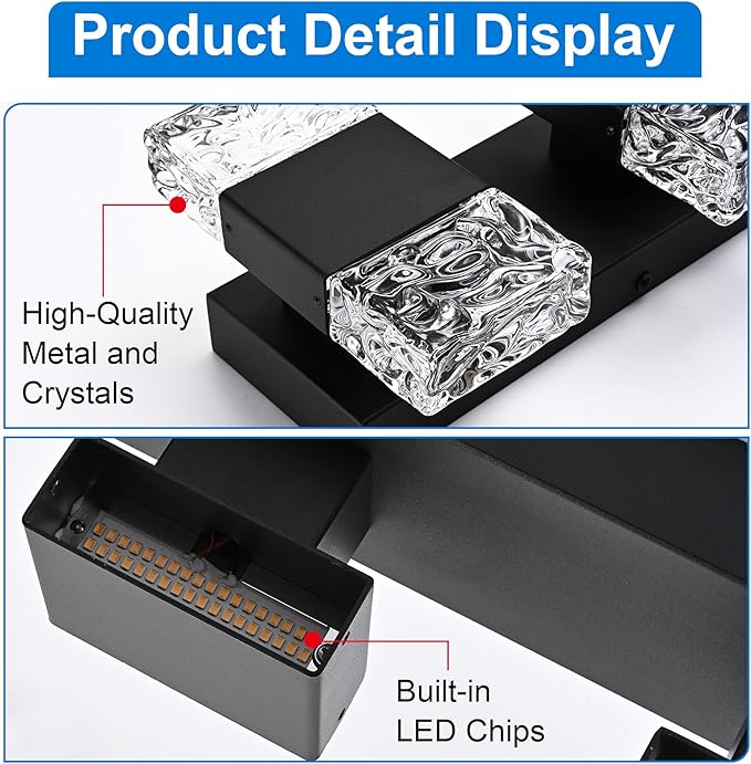 MELUCEE Modern LED Bathroom Lights Over Mirror 24W Dimmable Crystal Wall Sconce LED Vanity Light Bar 3 Lights Black Bathroom Wall Light Fixtures for Bath Powder Room, 3000K Warm Lighting