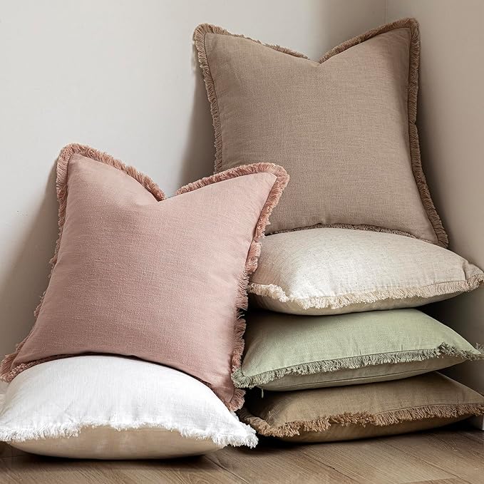 Foindtower Set of 2 Decorative Linen Fringe Throw Pillow Covers Boho Farmhouse Cushion Cover with Tassels Soft Accent Pillowcase for Couch Sofa Bed Living Room Home Decor,16×16 Inch,Light Sage Green