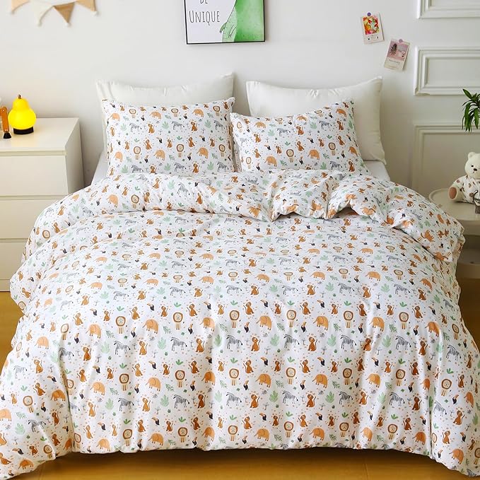 Ivellow Queen Duvet Cover Set Zoo Animal White 100% Cotton Duvet Cover for Kids Cute Bedding Set 3Pcs Ultra Soft Breathable Kids Duvet Cover Patterned Cartoon Comforter Cover Boys Girls Toddler Teen