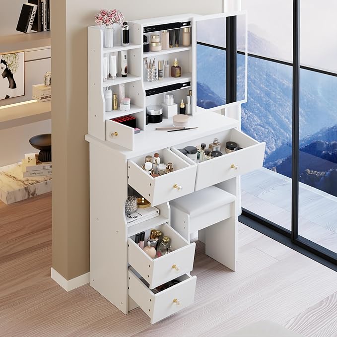 KEIKI Vanity Desk with Mirror & Cushioned Stool, 29.2'' Makeup Dressing Table Set with 5 Drawers for Tiny Bedrooms, Dorms, Apartments, White