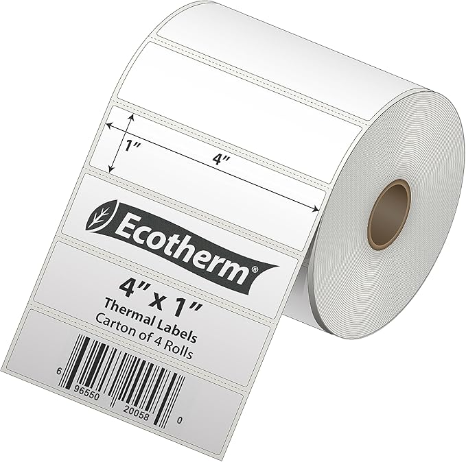 4" x 1" Thermal Labels | 4 Rolls | 5360 Labels | fits Zebra, Munbyn, Rollo, Godex, Arkscan, iDPRT, Offnova Thermal Label Printers and More | Blank White Adhesive Stickers by Ecotherm