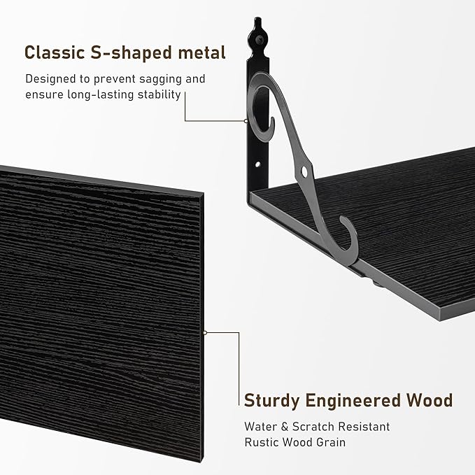 Deep Floating Shelves, 36" W x 12" D Wall Shelves Set of 2, Wide Display Shelf Wall Mounted with Brackets, Bookshelf for Living Room, Bathroom, Bedroom, Black