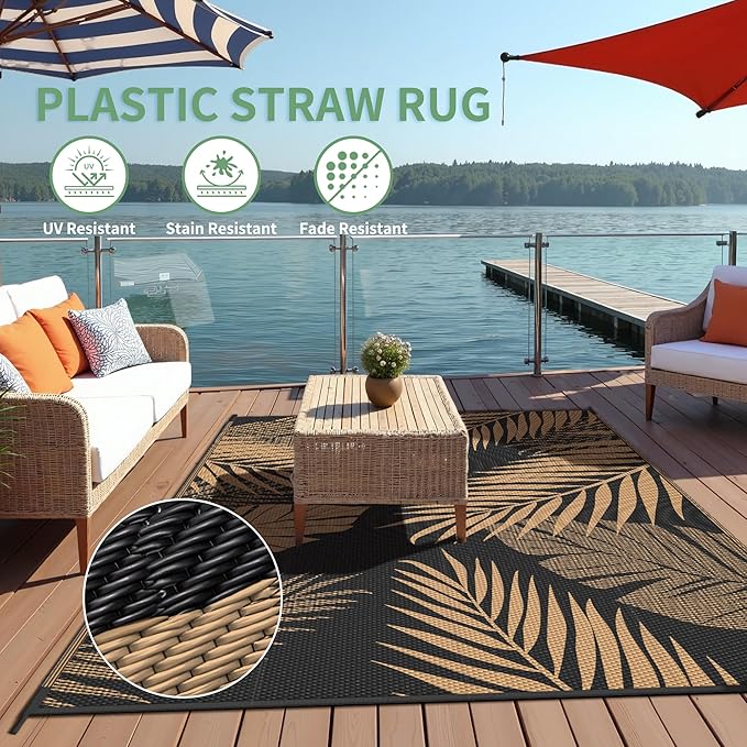 Outdoor Rug 4’x6’ Waterproof for Patio Clearance, Reversible Indoor Outdoor Plastic Straw Camping Rug Carpet, RV Mat, Large Area Rug for Deck, Backyard, Balcony, Porch, Beach, Black & Brown