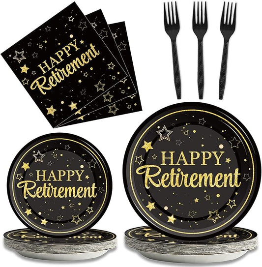 96 Pcs Retirement Party Plates Napkins Tableware Set Happy Retirement Supplies Black and Golden Disposable Dinnerware Retired Party Decoration Favors for Women Men, 24 Guests