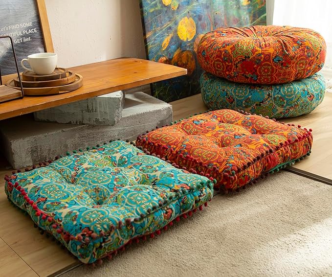 vctops Boho Cotton Linen Square Chair Seat Cushions for Dining Kitchen Office Chairs Super Soft Printed Chair Pads with Pompom Fringe (Blue,16"x16")