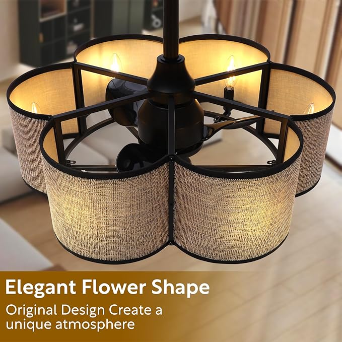 Ceiling Fans with 6-Bulb Lights and Remote, Flower Shaped Ceiling Light with 6 Adjustable Speed and for Bedroom, Kitchen and Living Room, Fabric Shade