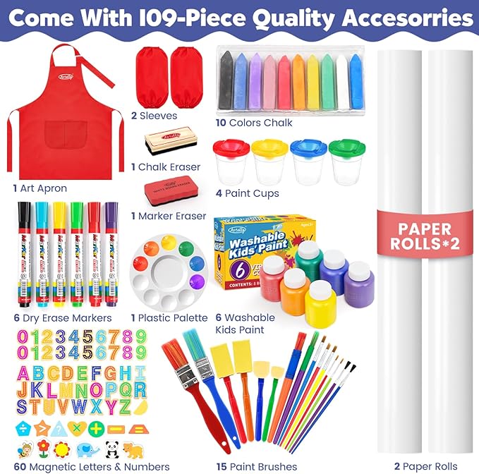 Art Easel for Toddlers Kids, Adjustable Standing Art Easel with Magnetic Chalkboard & Whiteboard, Dry-Erase Board, Paper Roll, Drawing & Painting Easel for Kids Ages 3 4-8 9-12, Red w/Bag