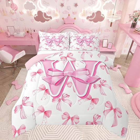 jejeloiu Kids Girls Cute Pink Bow Comforter Set Toddler Size Monogrammed Bedding Set Ultra Soft Personalized Initial W Duvet Quilt Coquette Bow Knot Quilt Set Room Decor Modern Fashion Comforter
