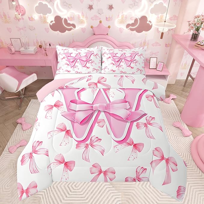 jejeloiu Kids Girls Cute Pink Bow Comforter Set Queen Size Monogrammed Bedding Set Ultra Soft Personalized Initial W Duvet Quilt Coquette Bow Knot Quilt Set Room Decor Modern Fashion Comforter