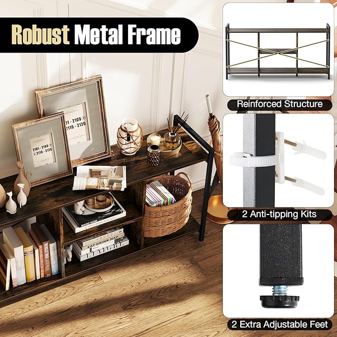 Tangkula Industrial TV Stand for 55” TVs, Entertainment Center with 4 Open Shelves, 3-Tier Media Console Table with Heavy-Duty Metal Frame & Side Guardrails for Living Room (Rustic Brown, 47" L)