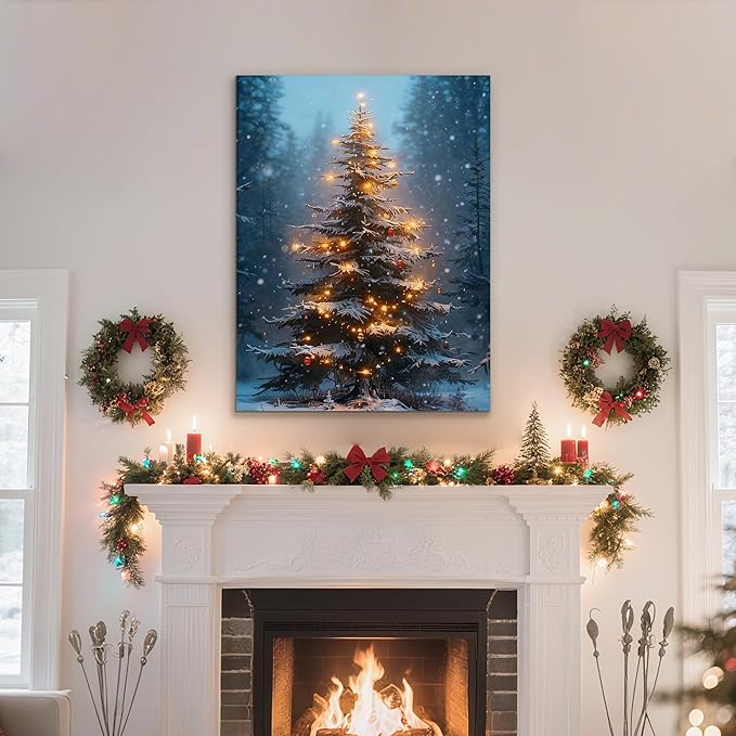 Framed Christmas Pictures Wall Decor,Vintage Pine Tree Prints,Winter Christmas Canvas Wall Art Decoration for Bedroom Bathroom Living Room Rustic Xmas Holiday Gifts (Christmas Tree 3, 24'' X 36'')