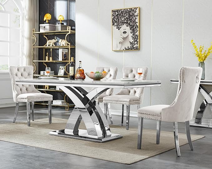 Goujxcy 5-Piece Dining Table Set Modern Faux Marble Dining Table Set for 4, Luxury 68" Long Faux Marble Kitchen Table with 4 Velvet Upholstered Chairs, Mirrored Stainless Steel Base