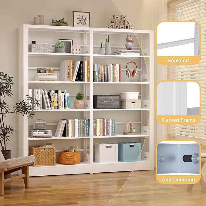 White Bookshelf, 5-Tier Bookshelf with Adjustable Storage Shelves, Freestanding Bookcases and Bookshelves, Wide Bookshelf for Home Office, Living Room, Bed Room, Including Book Stopper (White)
