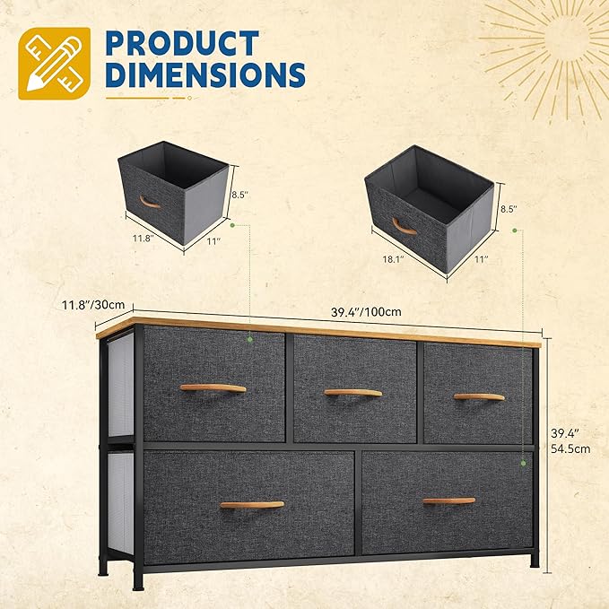 DWVO Dresser for Bedroom with 5 Drawers - Fabric Storage Tower, Long Fabric Dresser, Organizer Unit for Bedroom, Closet, Hallway
