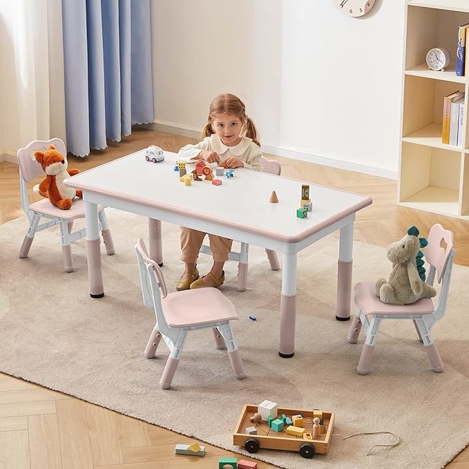 Toddler Table and Chairs Set for 4, 47.2''L x 23.6''W Kids Study Table and Chair Set, Height-Adjustable, Graffiti Desktop, Children Activity Table for Daycare, Classroom, Home