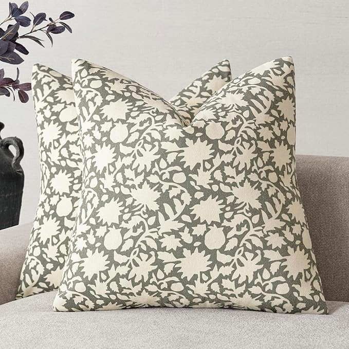 Foindtower Set of 2 Decorative Neutral Floral Throw Pillow Covers Accent Farmhouse Cushion Covers Boho Vintage Pillowcase for Couch Sofa Bedroom Living Room Home Decor Outdoor,20×20 Inch,Sage Green