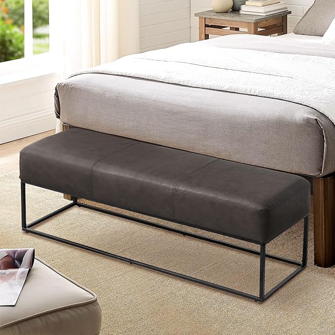 Entryway Bench for Bedroom End of Bed, Modern Ottoman with Faux Leather Upholstered Seating, Metal Frame Leather Bench for Bedroom Living Room Entryway [47'', Vintage Black]