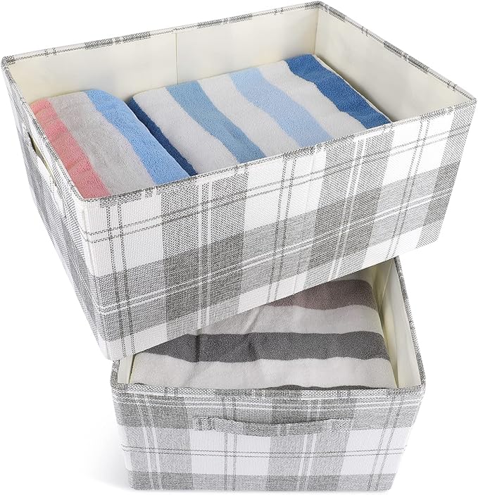 ANMINY 2PCS Storage Baskets Closet Storage Organizer Bins with Handles, Foldable Large Fabric Storage Bins for Shelves, Rectangular Baskets Laundry Clothes Blanket Cubes - Light Gray, Extra Large
