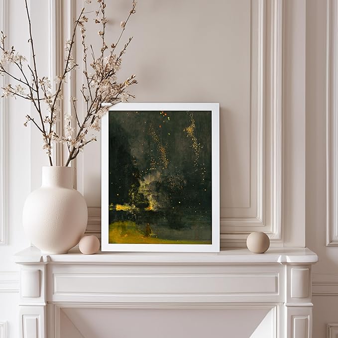 Poster Master Vintage Nocturne in Black and Gold Painting Poster - Retro The Falling Rocket Print - Abstract Art - Moody Art - Landscape Art - Office or Living Room Decor, 8x10 White Framed