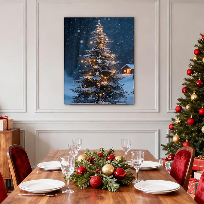 Framed Christmas Pictures Wall Decor,Vintage Pine Tree Prints,Winter Christmas Canvas Wall Art Decoration for Bedroom Bathroom Living Room Rustic Xmas Holiday Gifts (Christmas Tree 19, 12'' X 16'')