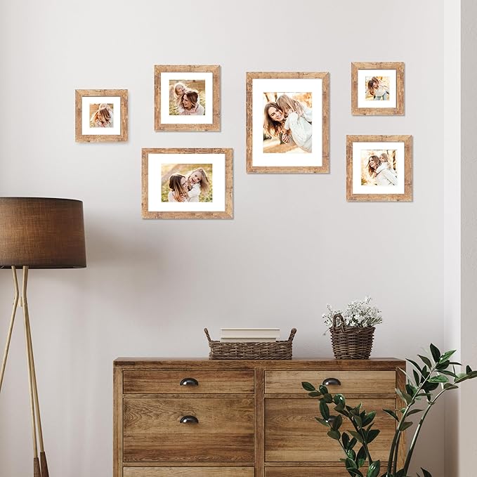 6x6 Picture Frame Set of 4 with Real Glass, Rustic Brown Frames Display 4x4 Picture with Mat or 6 x 6 Without Mat, Square Photo Frame for Wall Mount and Tabletop Display