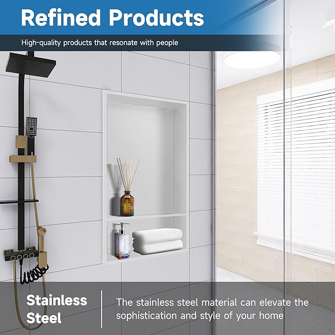 12" X 25" Stainless Steel Shower Niche Insert Tile Ready, Niche for Shower Wall, 2-Tier Recessed Shelves No Tile Needed for Bathroom Storage, White