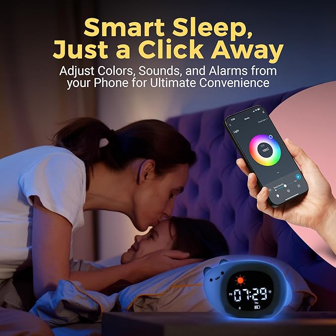 Bumble & Bright Go & Glow Cat App Control Kids Alarm Clock – Digital Sleep Trainer with USB-C Corded, 8 Night Light Colors, 6 Soothing Sounds, 12/24H Routine Trainer, Gift for Boys & Girls