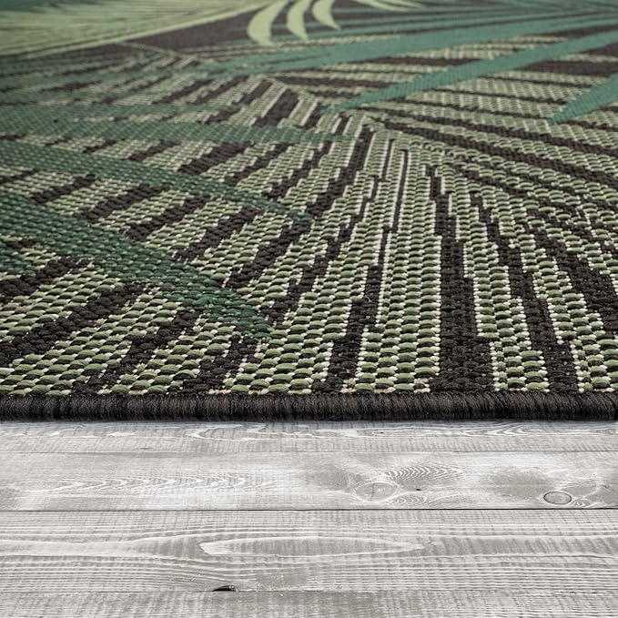 Indoor & Outdoor Rug Flat-Weave Jungle Floral Palm Trees Design Black Green, Size: 3'11" x 5'7"