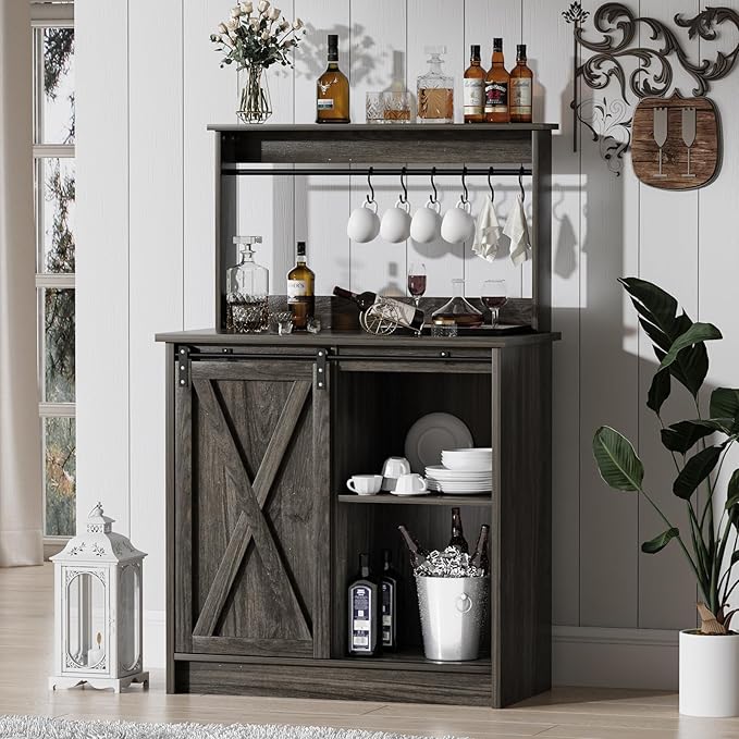 4ever2buy Farmhouse Coffee Bar Cabinet with Storage, Grey Coffee Bar with 6 Hooks, Buffet Table with Sliding Barn Door, Wine Bar Cabinet with Adjustable Shelf for Living Dining Roome