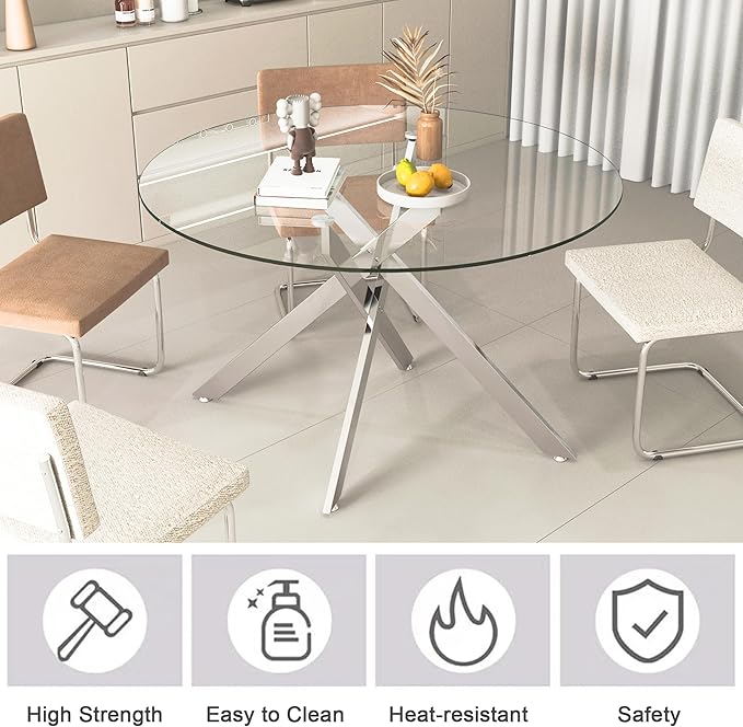 Goujxcy Round Dining Table Set for 4, Modern Glass Kitchen Table and Chairs Set of 4, 5 Piece Dining Room Table Set with 47" Circle Silver Metal Glass Dinner Table and 4 White Leather Dining Chairs