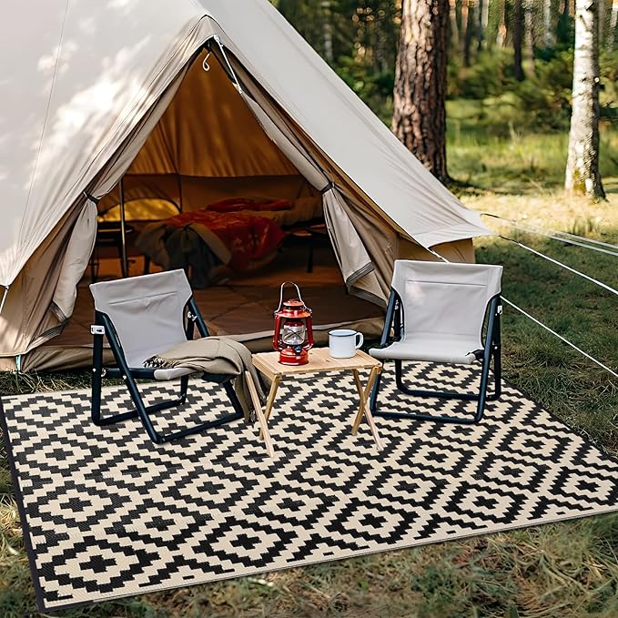 OLANLY Waterproof Outdoor Rug 8x10 ft, Outdoor Plastic Straw Rug for Camping, RV Mat Outside, Outdoor Carpet for Porch, Deck, Backyard, Balcony, Picnic, Black & Beige