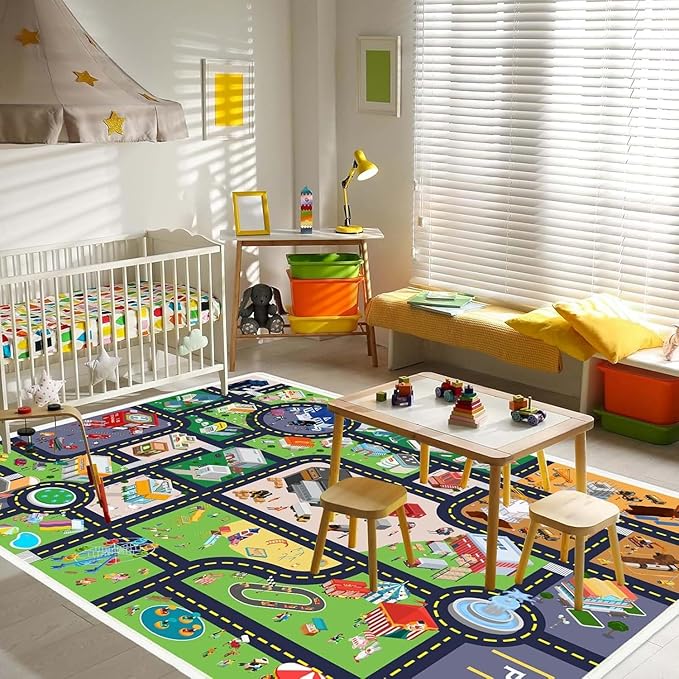 Kids Rug Playroom Car Rug Play Mat City Life Road Rug for Cars Fun City Map for Track Toys,Carpet for Bedroom Boys (city01, 5.2×7.9ft/63×94in)