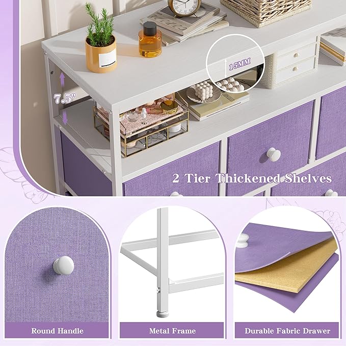 EnHomee Tv Stand for Bedroom with 7 Fabric Dressers and 2 Shelves，Dressers & Chests of Drawers for Closet，Hallway，Entryway，Dormitory，Purple Storage Drawers