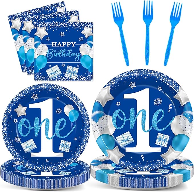 96 Pcs Boy 1st Birthday Party Plates Napkins Tableware Set Blue One Year Old Supplies Disposable Dinnerware Baby Boy 1st Birthday Party Decoration Favors for Baby First Birthday Supplies, 24 Guests
