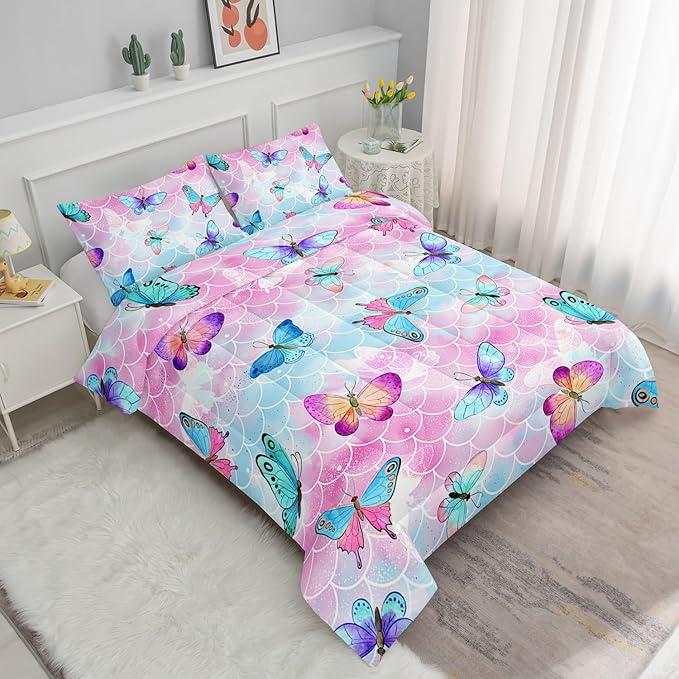 Kids Comforter Set Mermaid Scale Butterfly Printed Pattern Bedding Set with 1 Comforter and 2 Pillowcases for Girls Boys Bedroom All Season(Mermaid Queen)