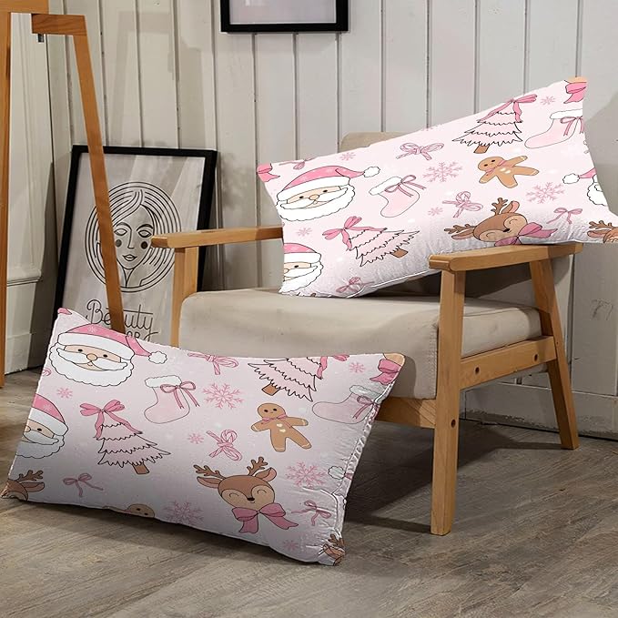 Light-Pink Kids Christmas Comforter Set King Size, Cute Santa Claus Christmas Tree and Reindeer Printed Bedding Set for Girls, Cartoon Xmas Bed Set with 1 Comforter and 2 Pillowcases