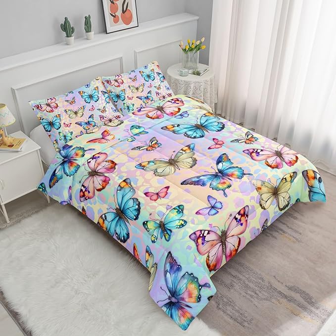 Kids Comforter Set Butterfly Printed Pattern Bedding Set with 1 Comforter and 2 Pillowcases for Girls Boys Bedroom All Season(Butterfly0 Full)