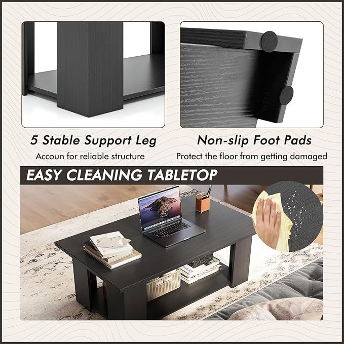 Tangkula 2-Tier Coffee Table, Modern Rectangular Center Cocktail Table with 5 Support Legs, Wooden Accent Living Room Furniture, Small Coffee Table for Small Spaces, Easy Assembly (Black)