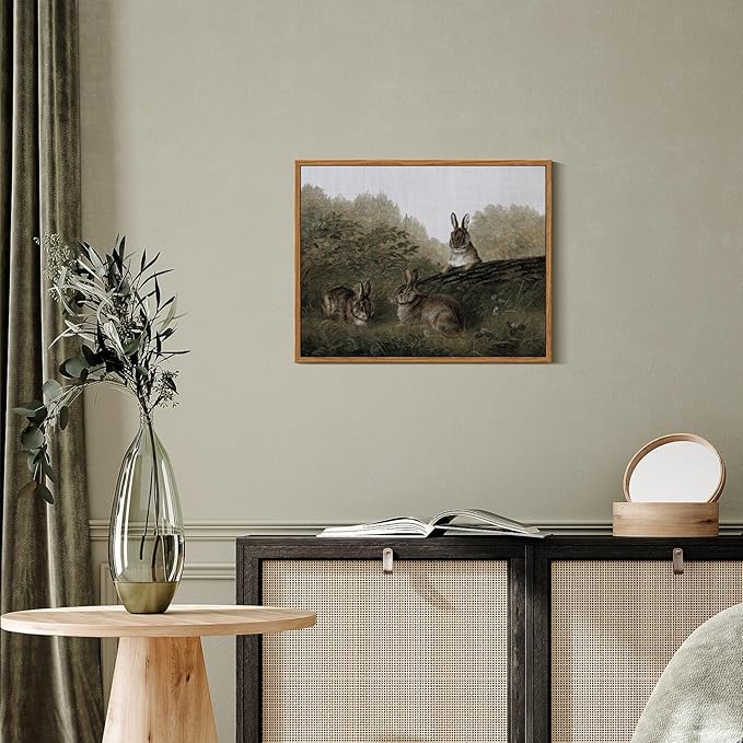 InSimSea Framed Wall Art for Living Room Three Rabbits Easter Bunny Decor Vintage Landscape Wall Art Aesthetic Woodland Animal Oil Painting Prints Countryside Farmhouse Wall Decor for Bedroom 11x14in